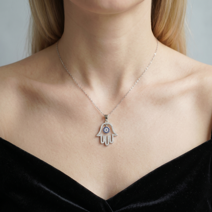 Rhodium on Sterling Silver Blue Paved CZ Evil Eye Hamsa Hand of Fatima Pendant