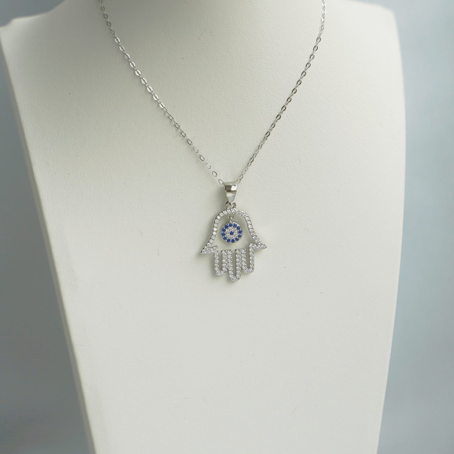 Sterling Silver Hollow Blue Paved CZ Evil Eye Hamsa Hand of Fatima Pendant