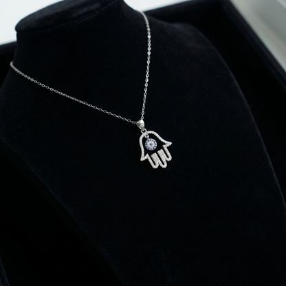 Rhodium on Sterling Silver Blue Paved CZ Evil Eye Hamsa Hand of Fatima Pendant