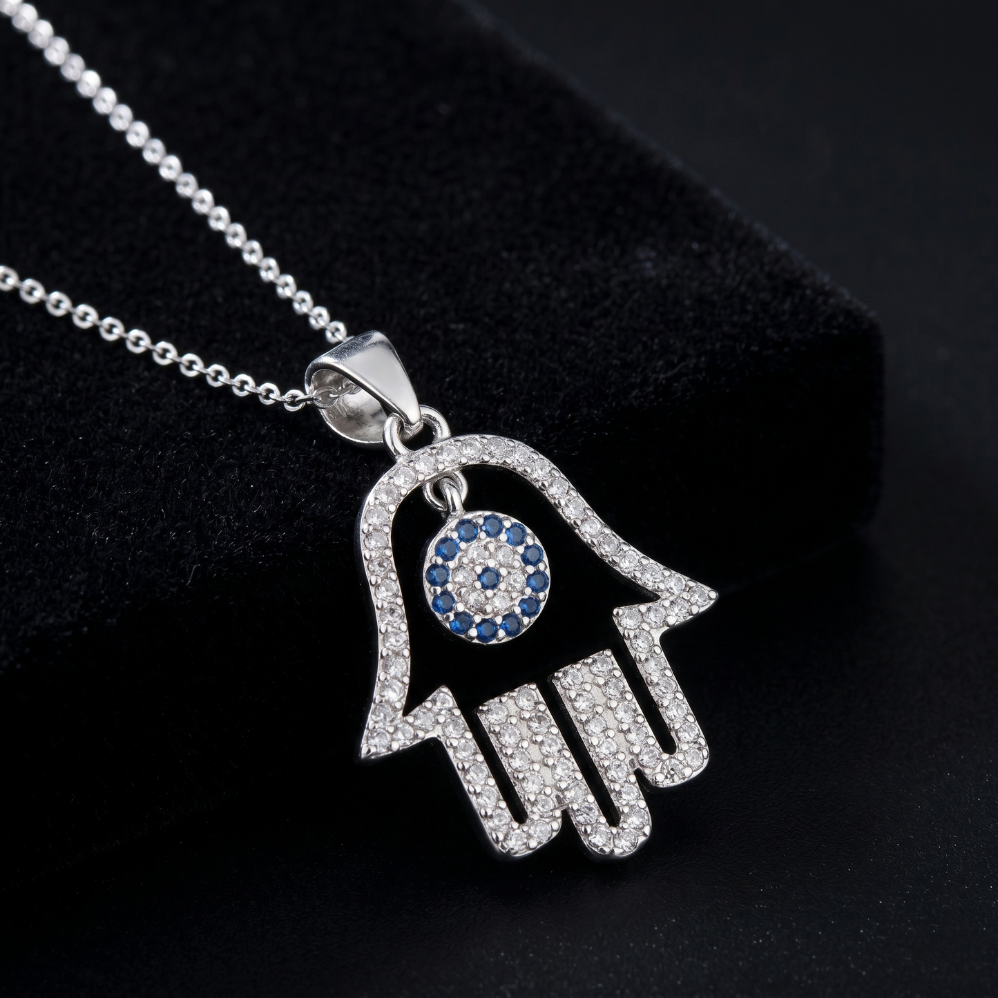 Rhodium on Sterling Silver Blue Paved CZ Evil Eye Hamsa Hand of Fatima Pendant