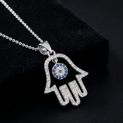 Rhodium on Sterling Silver Blue Paved CZ Evil Eye Hamsa Hand of Fatima Pendant