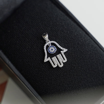 Sterling Silver Hollow Blue Paved CZ Evil Eye Hamsa Hand of Fatima Pendant