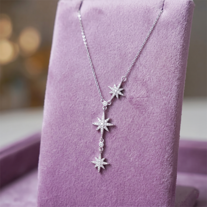 Sterling Silver CZ Sunlight Star Sunburst Drop Y Shape Tassel Necklace 41cm - 44cm
