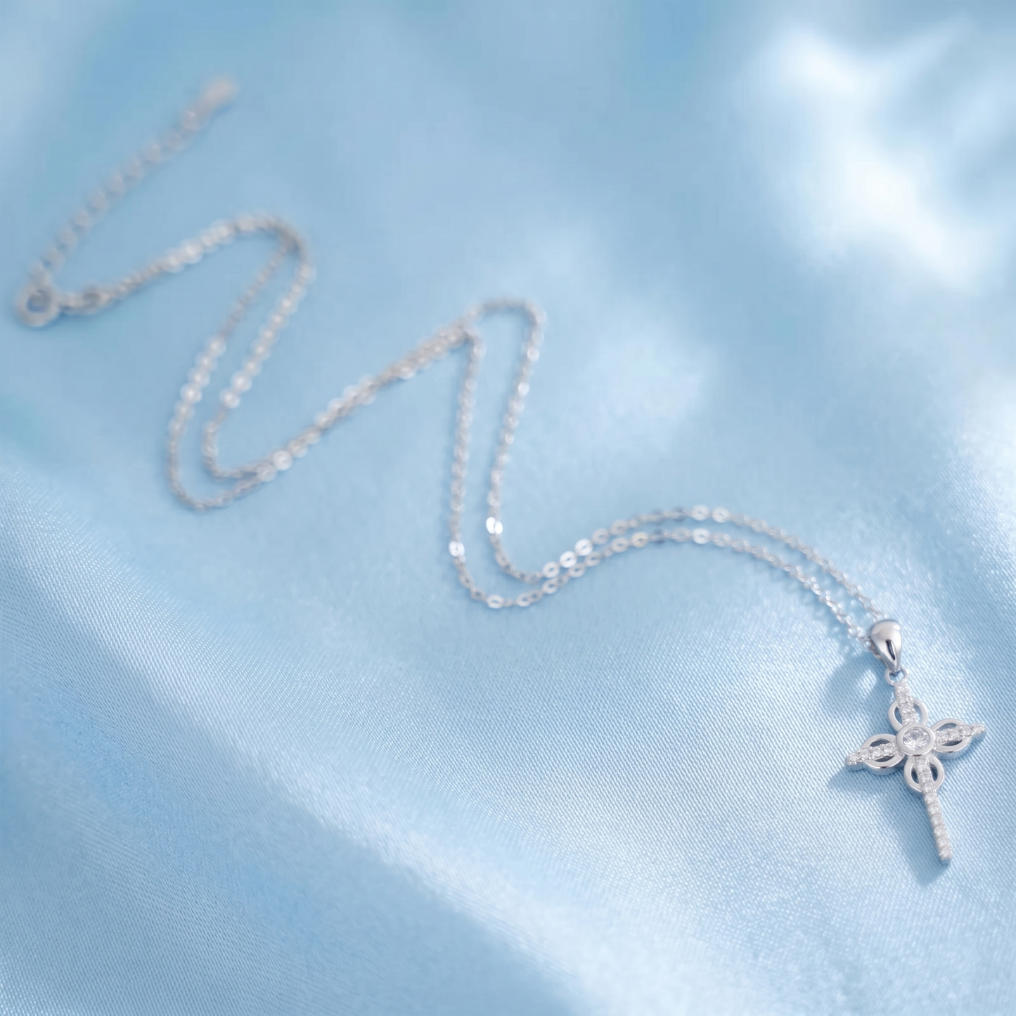 Sterling Silver Paved CZ Ribbon Cross Floral Cross Bezel CZ Centre Pendant Necklace 43cm 17''