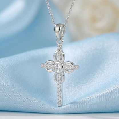Sterling Silver Paved CZ Ribbon Cross Floral Cross Bezel CZ Centre Pendant Necklace 43cm 17''