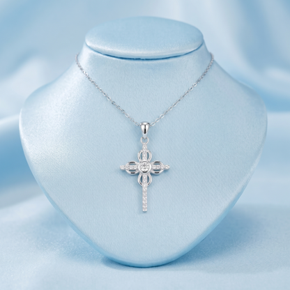 Sterling Silver Paved CZ Ribbon Cross Floral Cross Bezel CZ Centre Pendant Necklace 43cm 17''