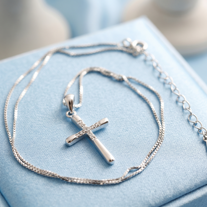 Sterling Silver Cubic Zirconia Crusted Cross Pendant, 31 x 15 mm