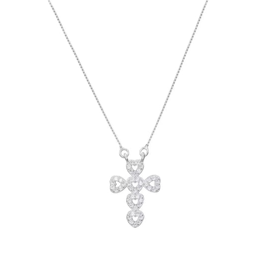 Heart cross pendant necklace with sparkling CZ hearts on a silver-tone chain