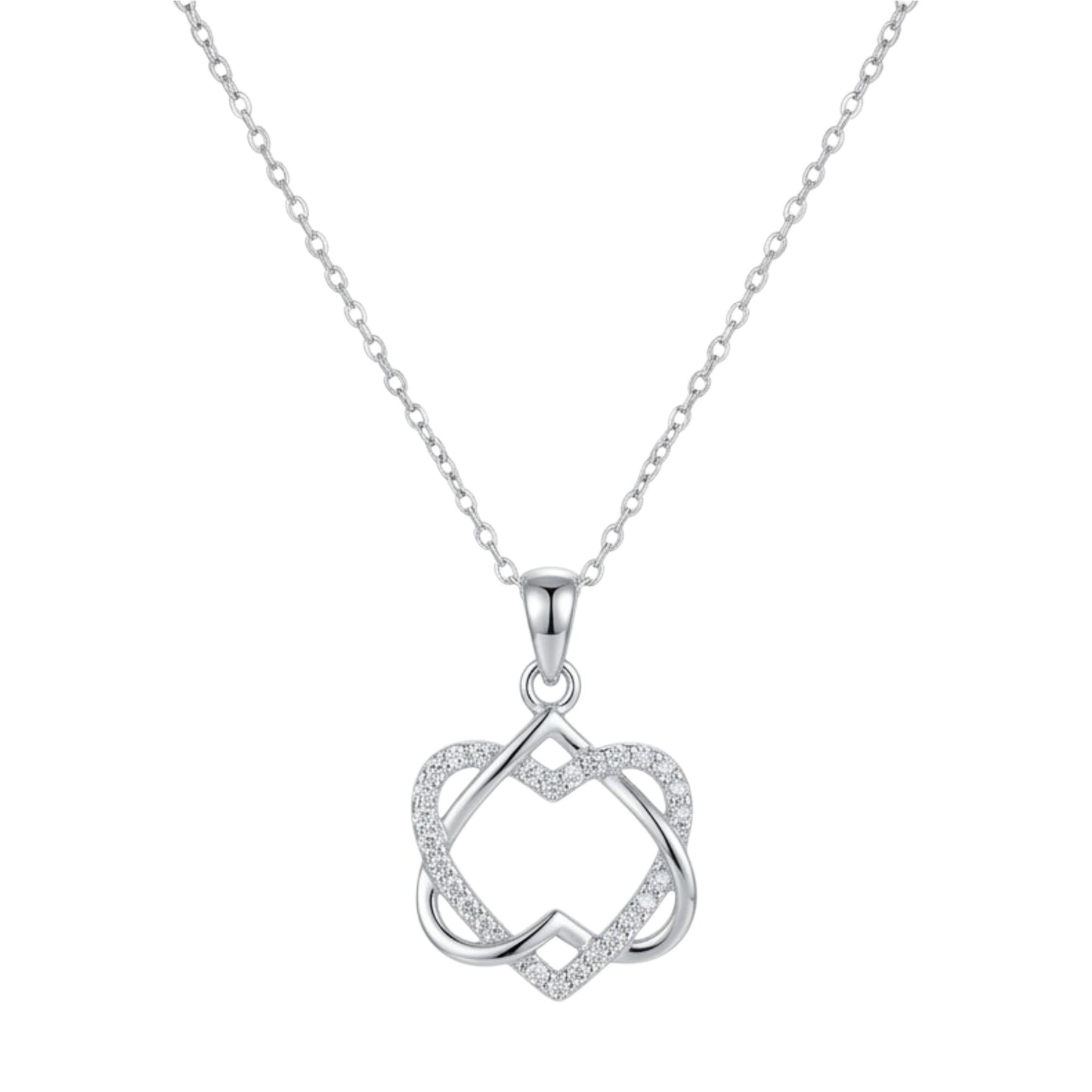 Silver heart knot pendant necklace with small square accents