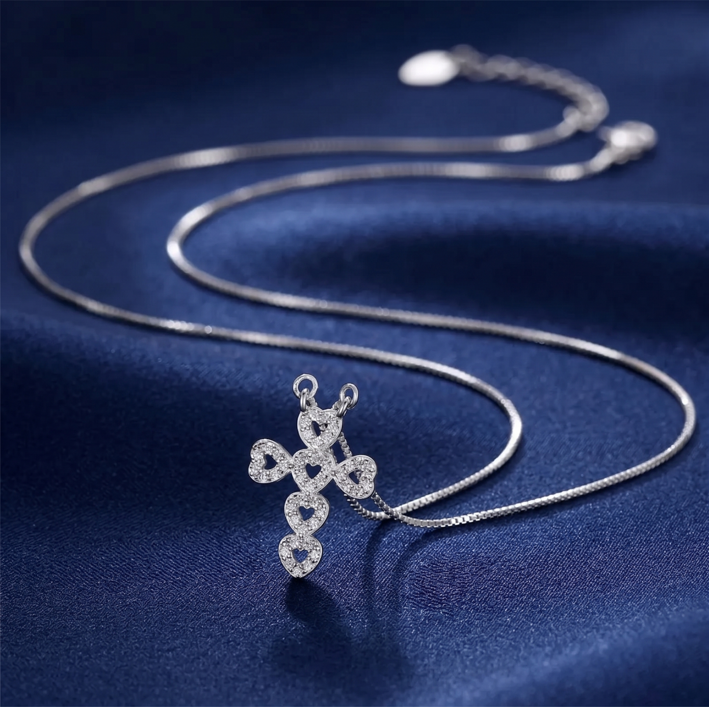 Sterling Silver Hollow Heart Cross Love Micro Pave CZ Pendant Necklace 45cm 17.7''