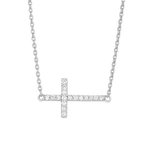 Sideways cross CZ necklace with silver-tone chain and square stone-studded cross pendant