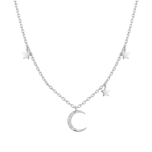 Mini Moon & Star CZ Choker with silvertone chain, crescent moon and star charms