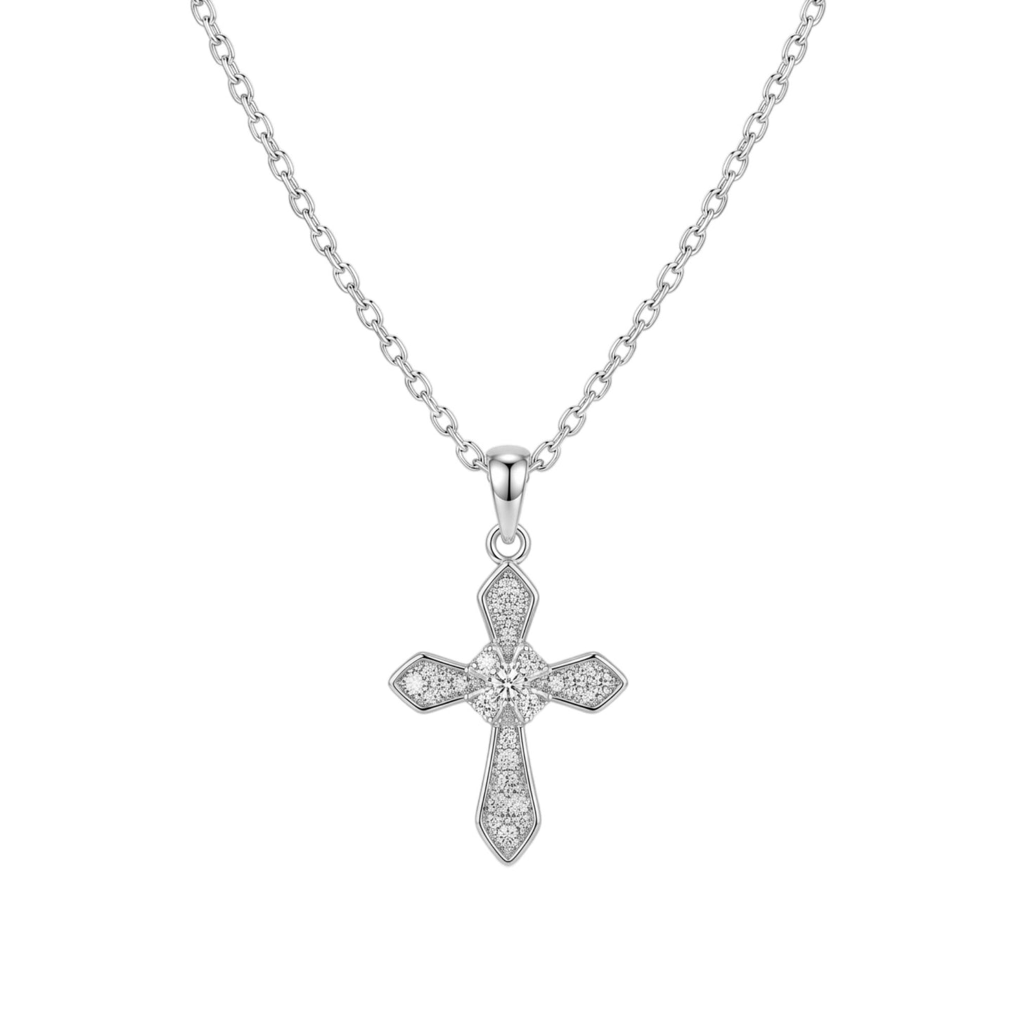 Rhodium on Sterling Silver Passion Cross Diagonal Cross Centre Paved CZ Pendant Necklace 43cm 17''