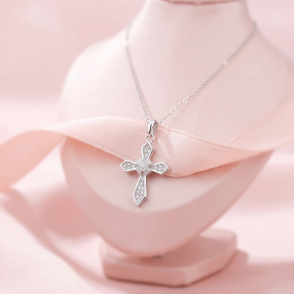Rhodium on Sterling Silver Passion Cross Diagonal Cross Centre Paved CZ Pendant Necklace 43cm 17''