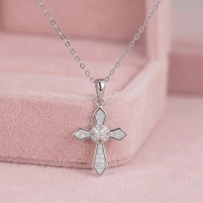 Rhodium on Sterling Silver Passion Cross Diagonal Cross Centre Paved CZ Pendant Necklace 43cm 17''