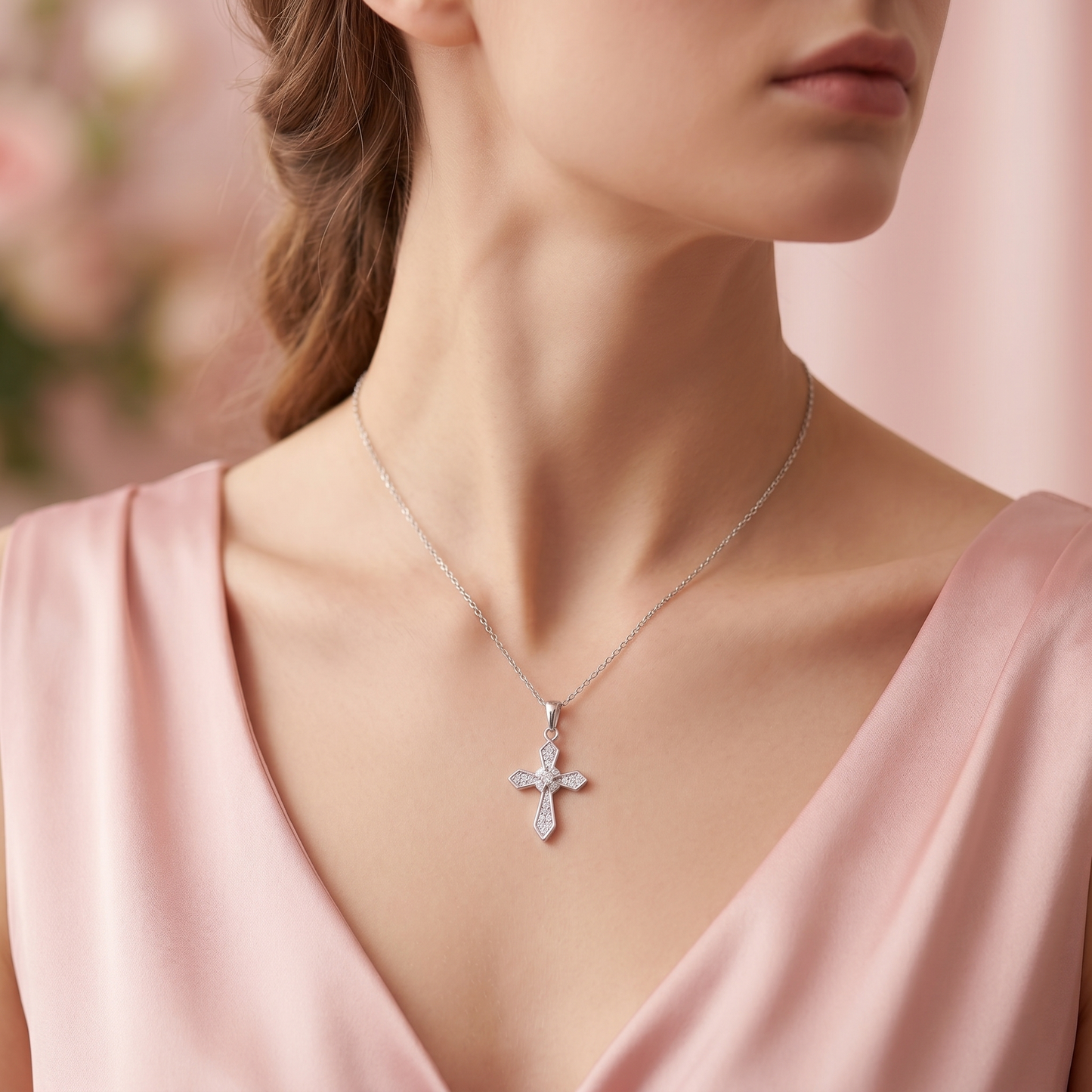 Rhodium on Sterling Silver Passion Cross Diagonal Cross Centre Paved CZ Pendant Necklace 43cm 17''