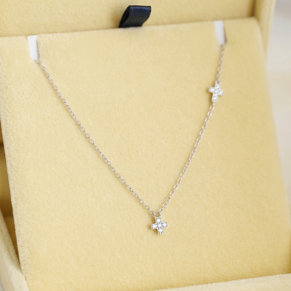 Rhodium on Sterling Silver Mini Double Cross Micro Pave CZ Sideways Horizontal Charms Necklace 40 - 43.5cm 17''