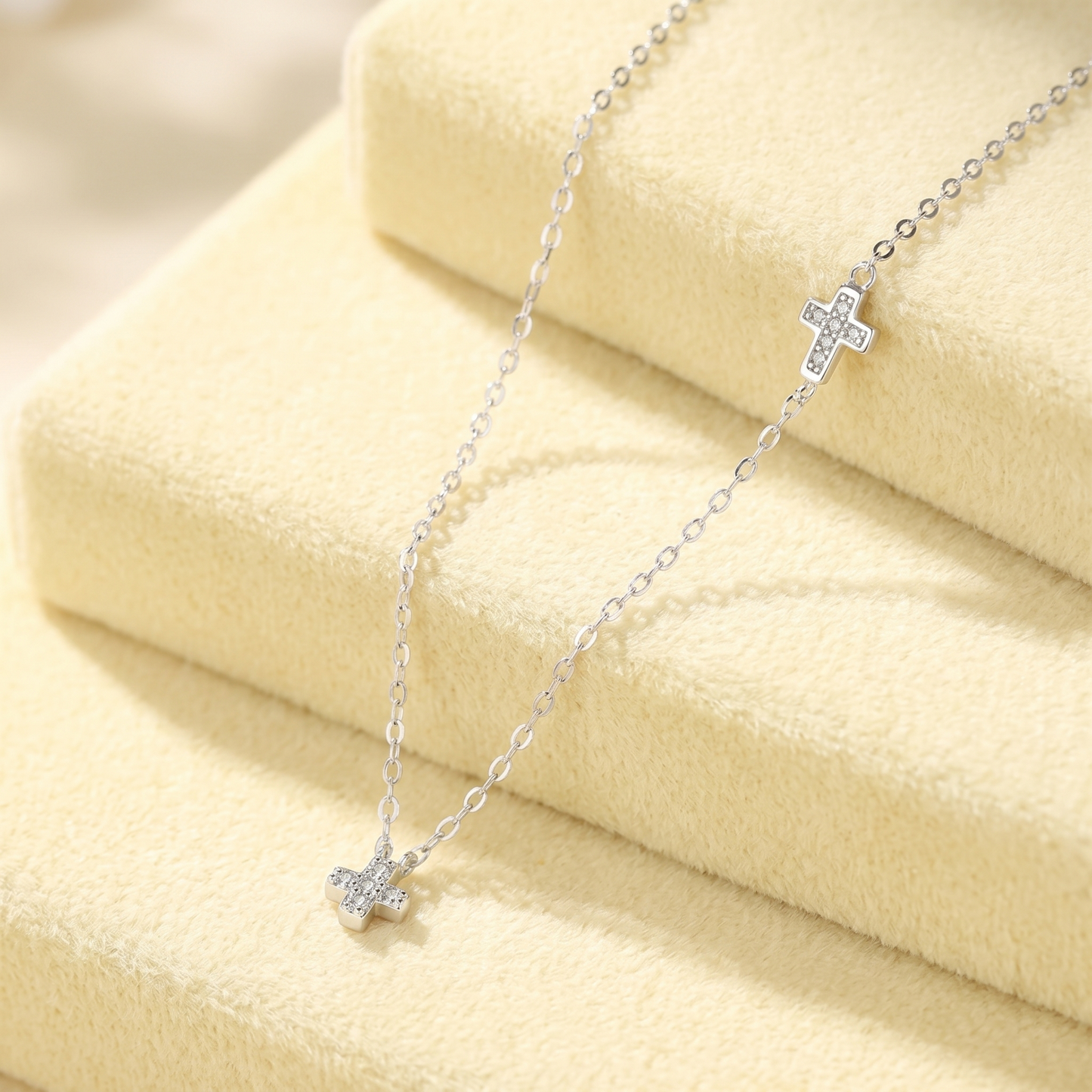 Rhodium on Sterling Silver Mini Double Cross Micro Pave CZ Sideways Horizontal Charms Necklace 40 - 43.5cm 17''