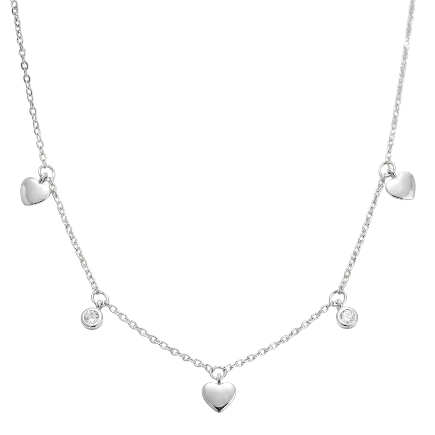 Silver-tone mini heart CZ choker with round CZ discs and a centered heart charm