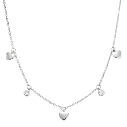 Silver-tone mini heart CZ choker with round CZ discs and a centered heart charm