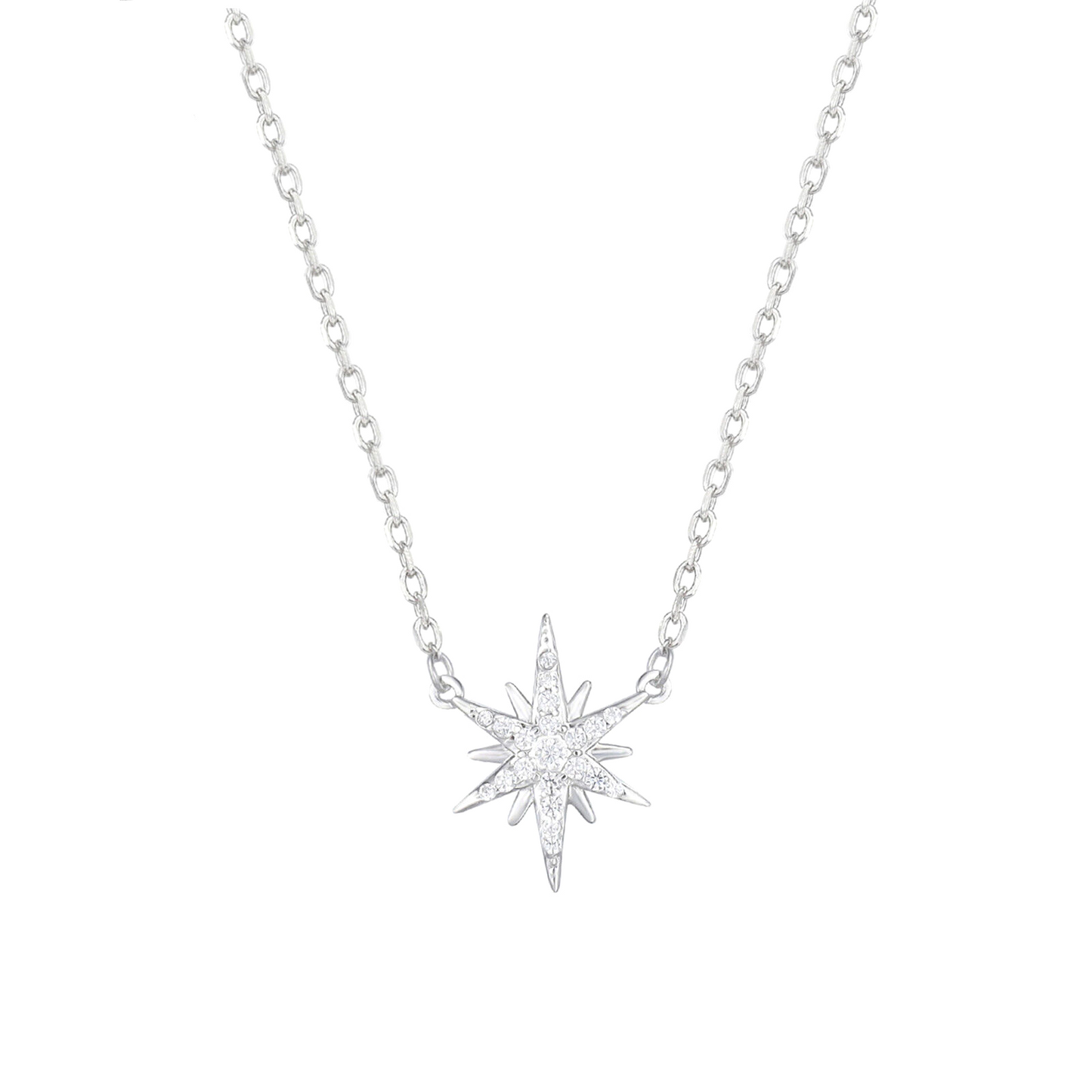 Rhodium on Sterling Silver Sunlight Star Sunburst Paved CZ Charm Necklace - sugarkittenlondon