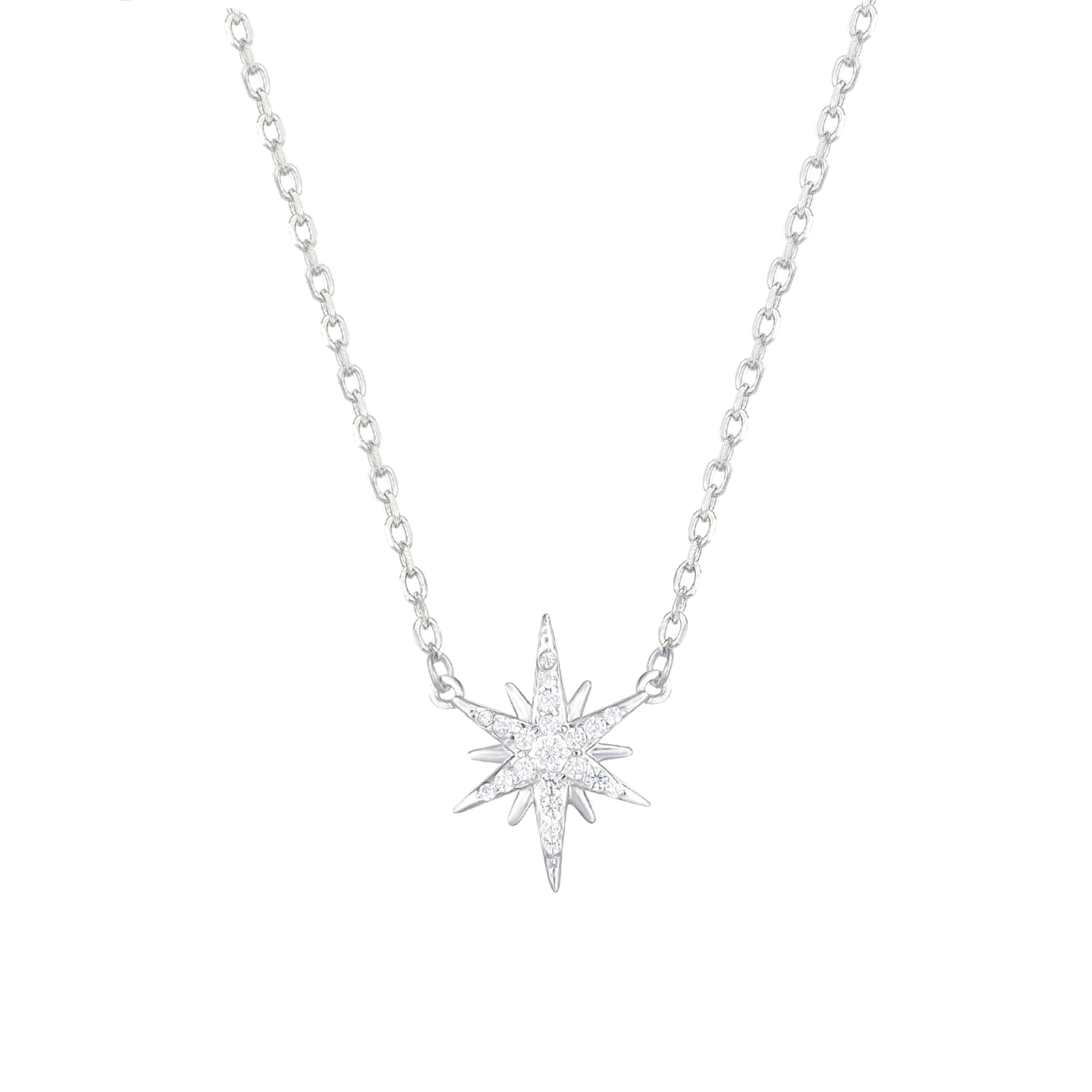 Rhodium on Sterling Silver Sunlight Star Sunburst Paved CZ Charm Necklace - sugarkittenlondon