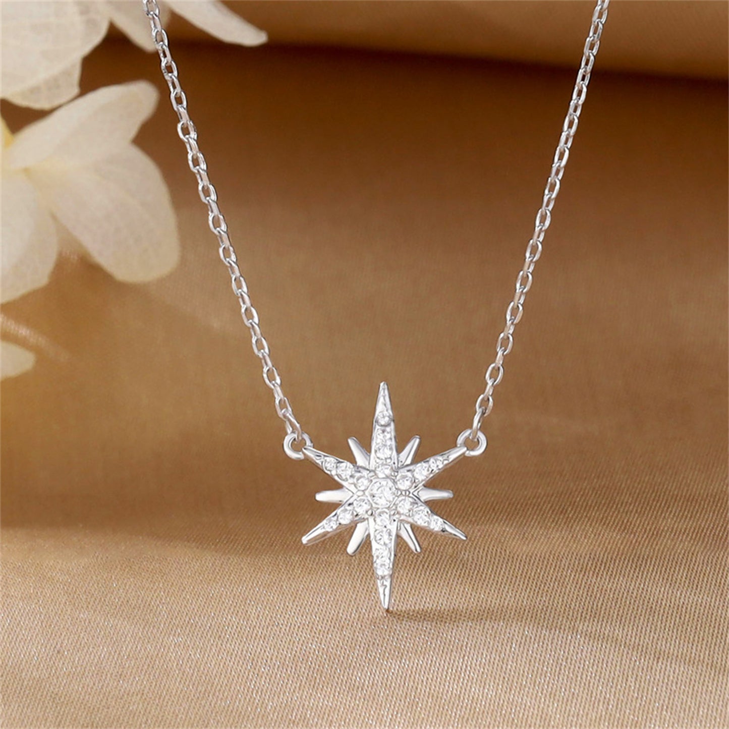 Sterling Silver Rhodium-Plated Sunburst Necklace with CZ Paved Star Charm - sugarkittenlondon