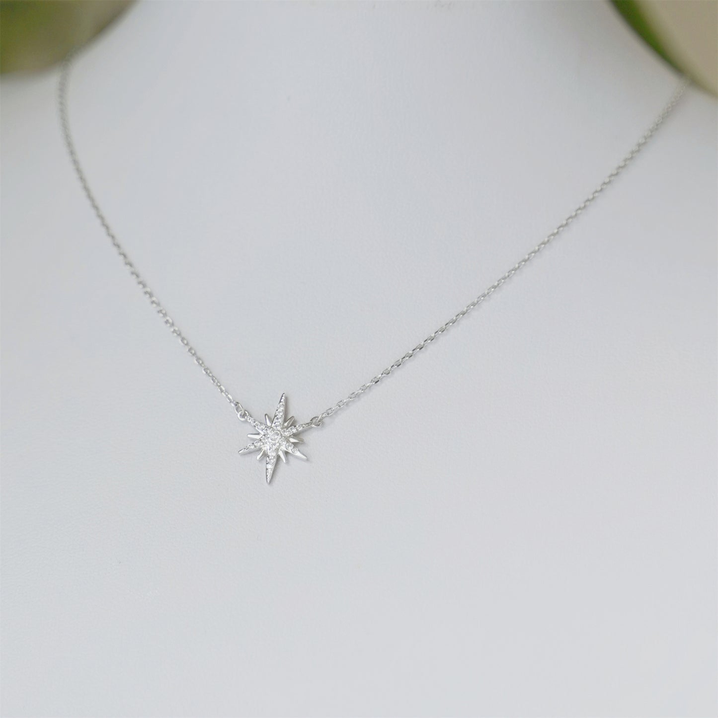 Sterling Silver Rhodium-Plated Sunburst Necklace with CZ Paved Star Charm - sugarkittenlondon