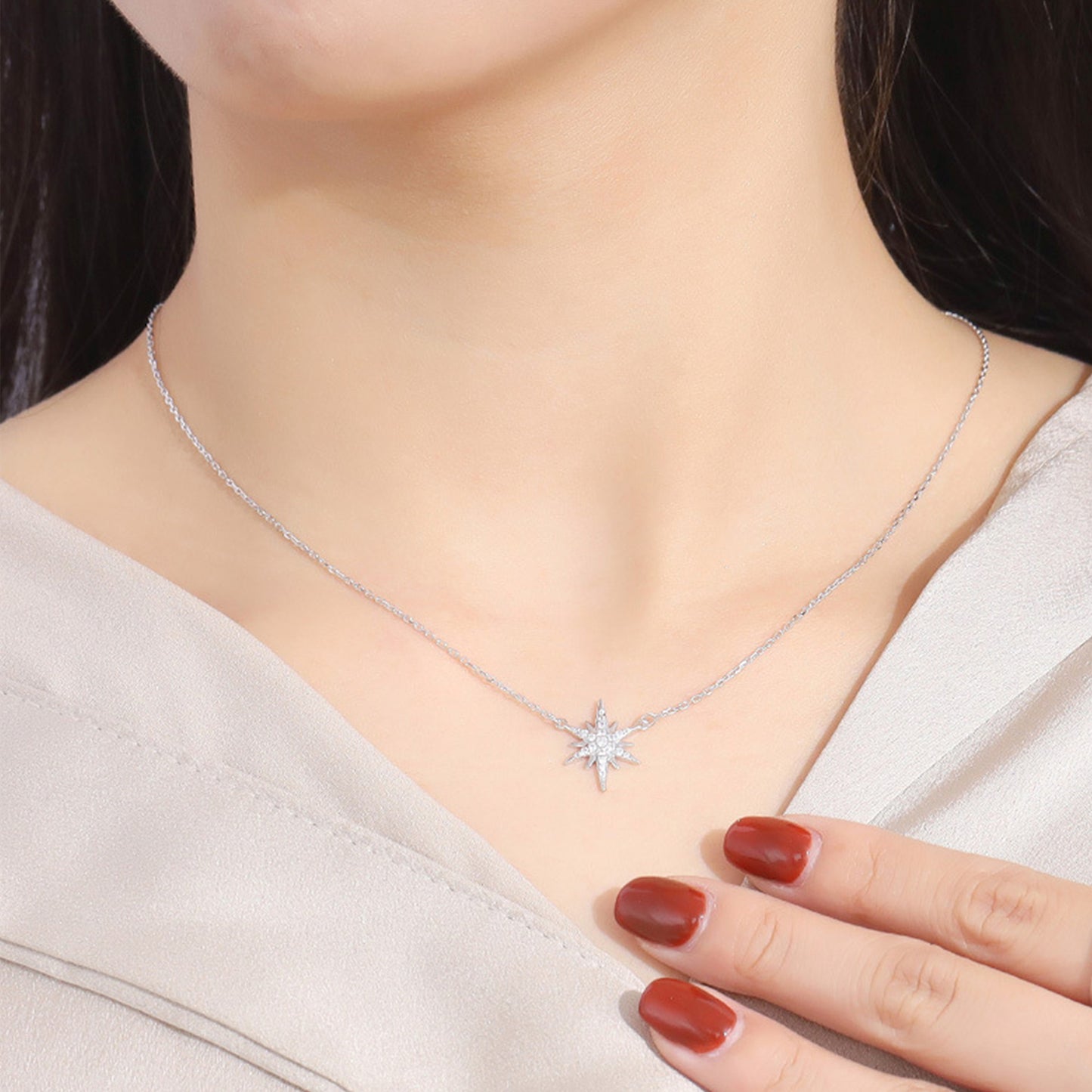 Sterling Silver Rhodium-Plated Sunburst Necklace with CZ Paved Star Charm - sugarkittenlondon