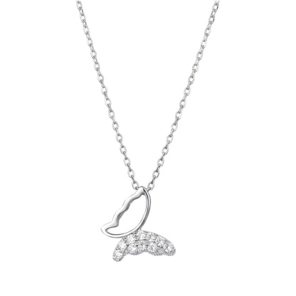 Rhodium on Sterling Silver Butterfly Charm Half Paved CZ Crystal Necklace Jewellery 45cm 17.7''