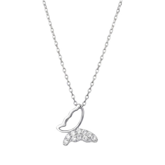 Half-pave CZ butterfly pendant on silver-tone chain with open outline