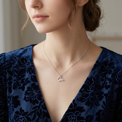 Rhodium on Sterling Silver Butterfly Charm Half Paved CZ Crystal Necklace Jewellery 45cm 17.7''