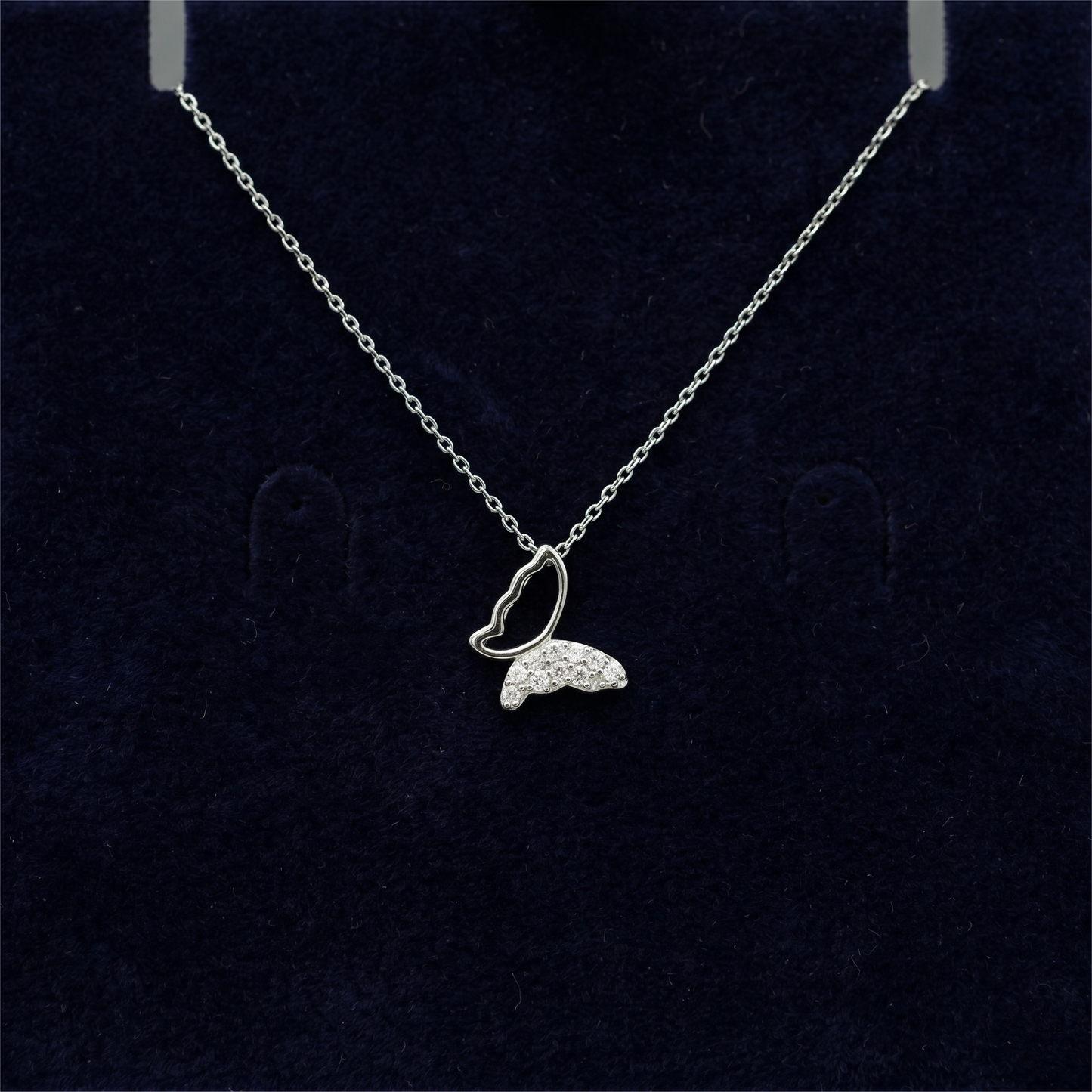 Rhodium on Sterling Silver Butterfly Charm Half Paved CZ Crystal Necklace Jewellery 45cm 17.7''