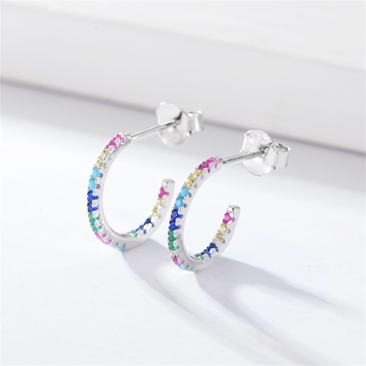 14K Gold Plated Sterling Silver Eternity Hoop Earrings with Rainbow CZ and Synthetic Turquoise