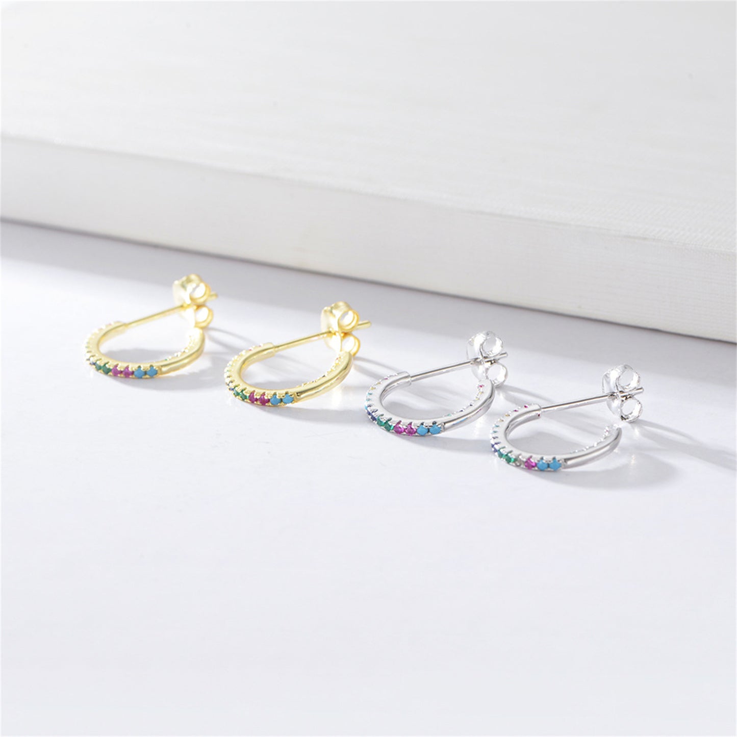 14K Gold Plated Sterling Silver Eternity Hoop Earrings with Rainbow CZ and Synthetic Turquoise
