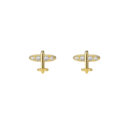 Mini CZ Airplane Stud Earrings in Sterling Silver with Rhodium / Gold Plating