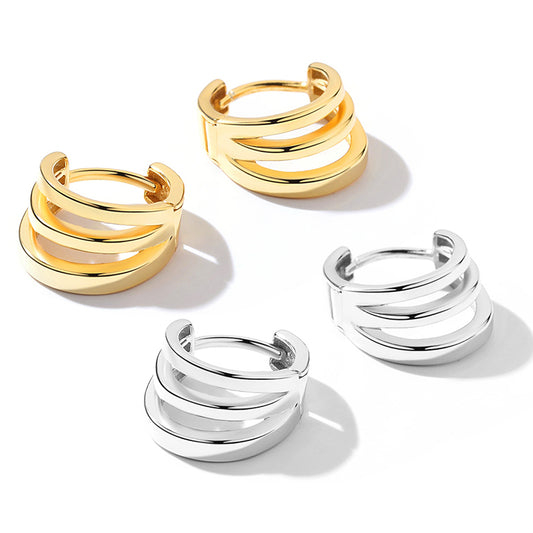 Sterling Silver Triple Graduated 10mm Hoop Earrings 2 Tones Rhodium 18K Gold - sugarkittenlondon