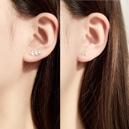 Sterling Silver Mismatch Leaf Stud Climber Stud Earrings