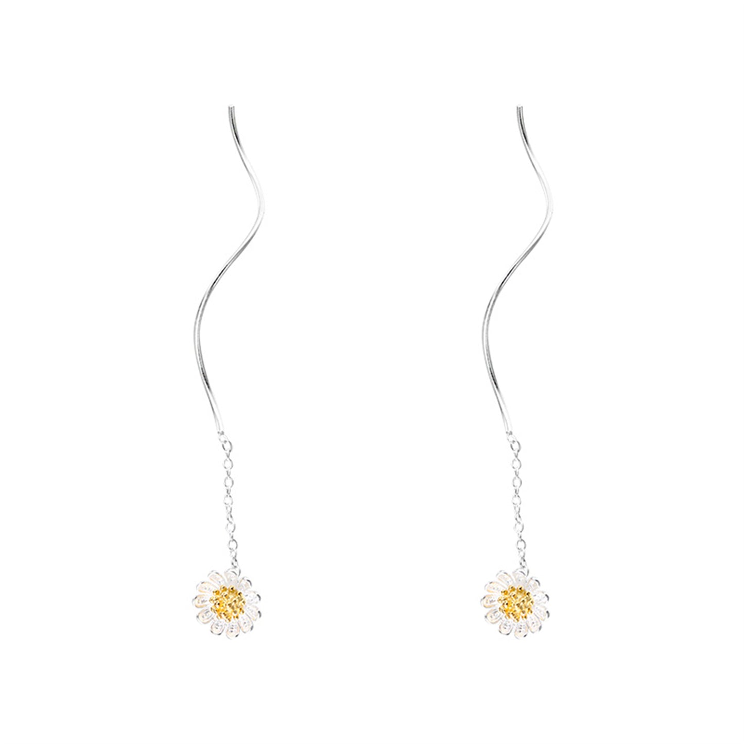 Wave Threader Dangle Earrings in Sterling Silver with Sun Flower Daisy Design - sugarkittenlondon