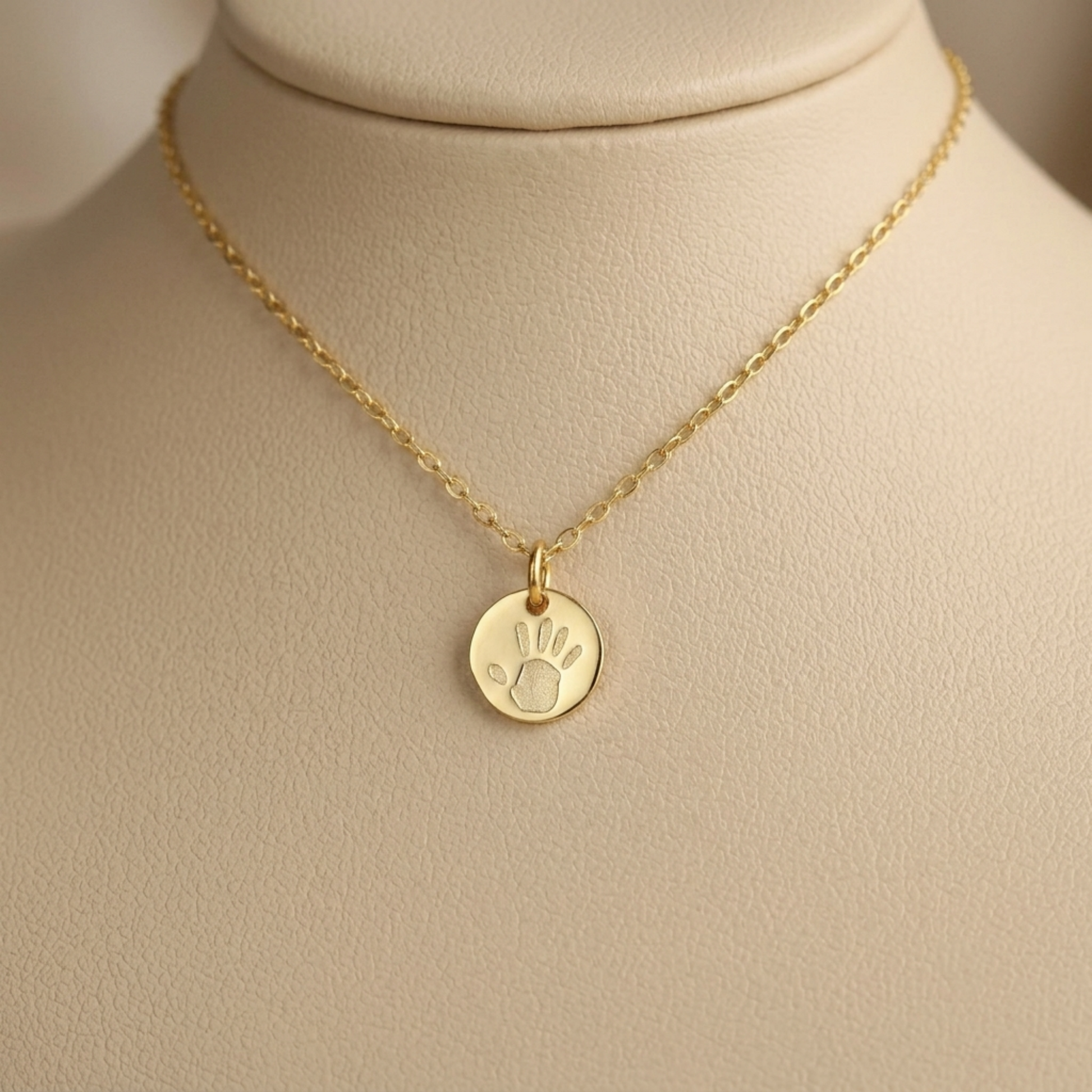 Gold chain necklace with one round handprint pendant on a clasp bail