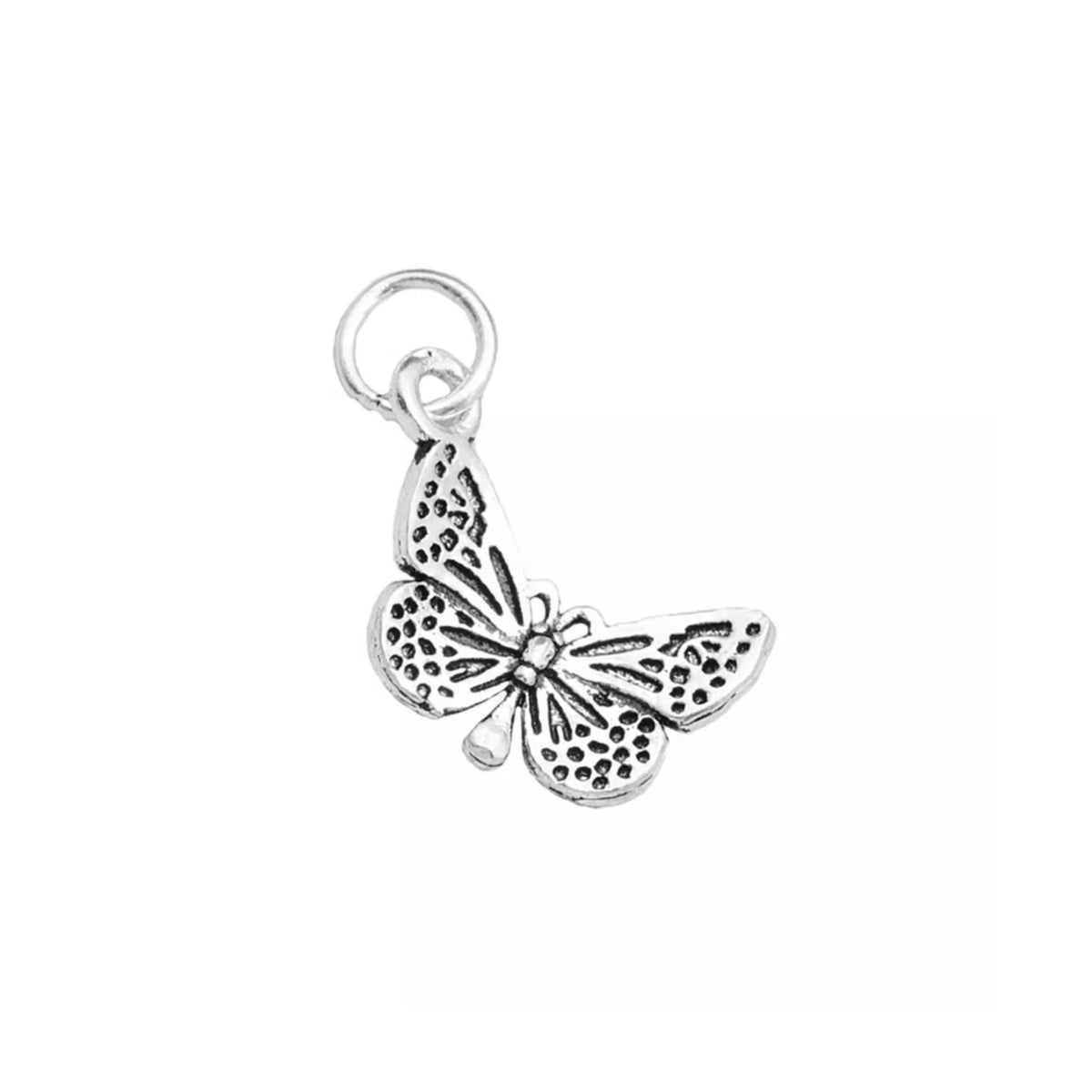 Silver butterfly charm pendant with detailed cutout wings and top ring loop