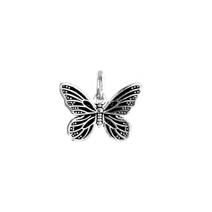 Silver butterfly charm pendant with ornate filigree, top view on white background