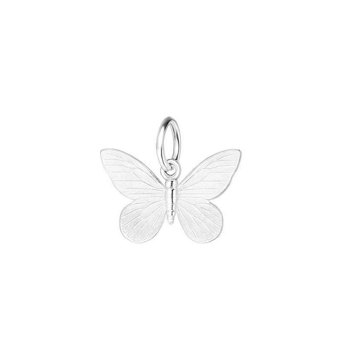 Silver butterfly charm pendant with smooth wings, side view on white background