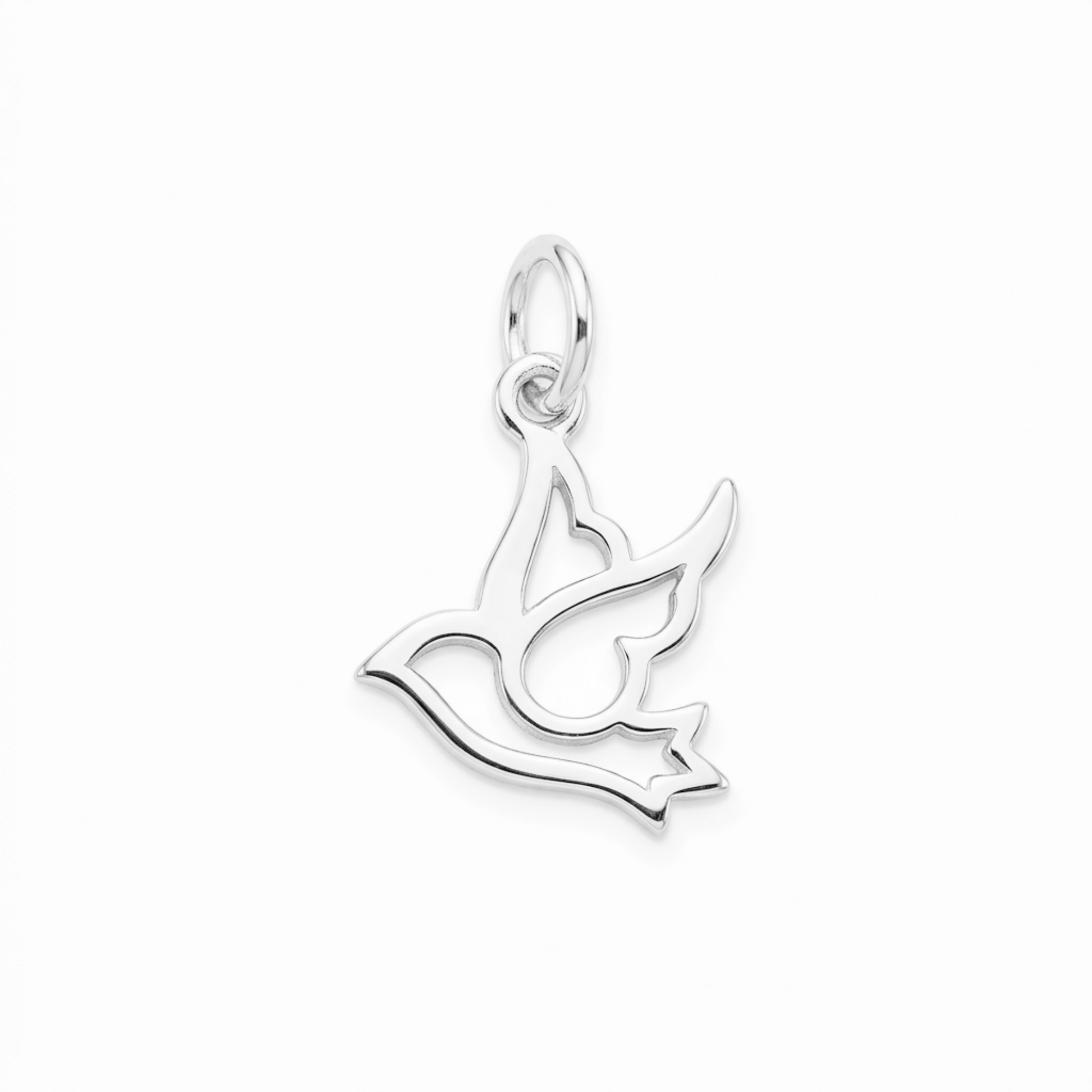 Hollow silver dove peace charm pendant with bail loop, side view