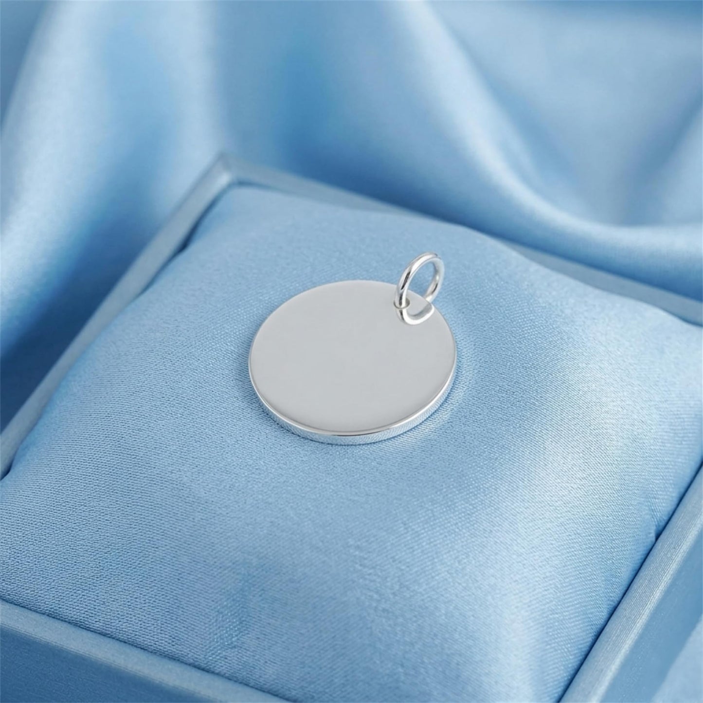 Polished Disc Pendant, round flat silver-tone disc charm with hanging loop
