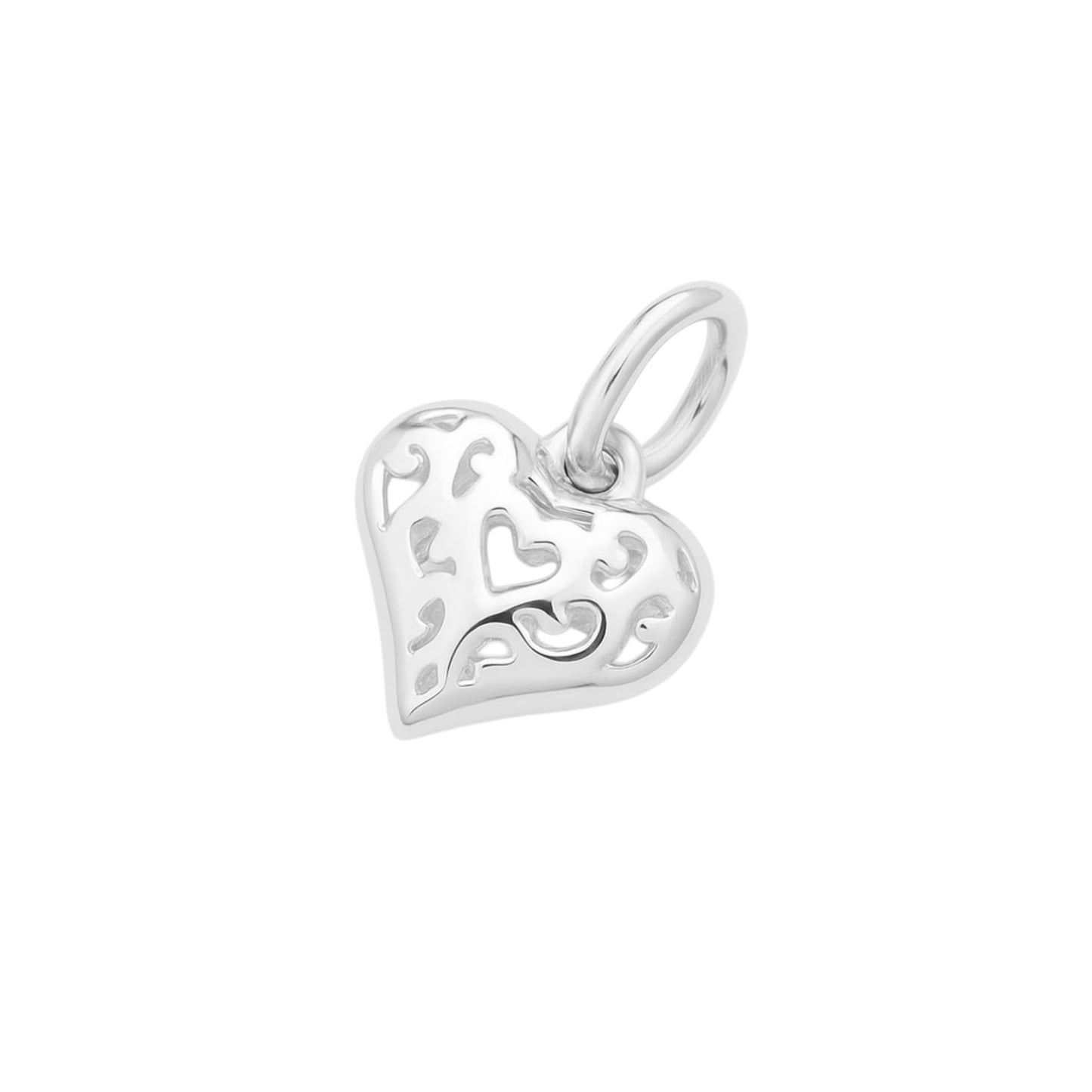 Filigree heart pendant with polished silver finish and small loop at top