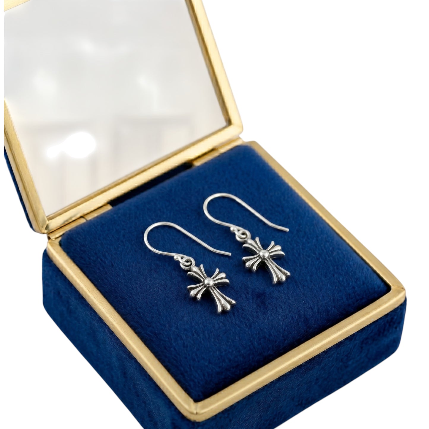 Fleur-de-lis cross hook earrings, plain silver pair in a gift box