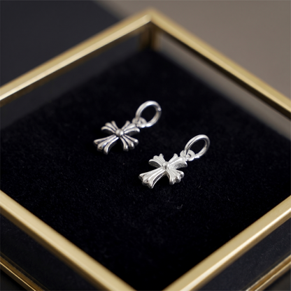 Two-tone fleur-de-lis cross charms with loop hooks, silver tone pair