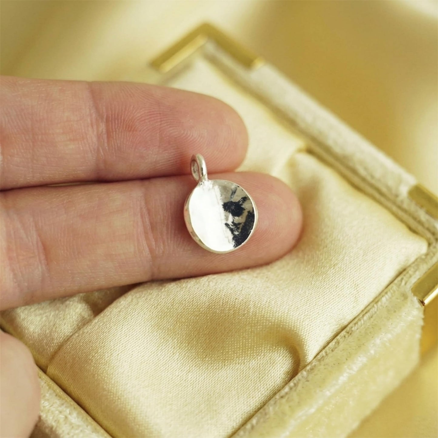 Sterling Silver Solid Concave Hammered Bent Round Dot Disc Pebble Circle Charm