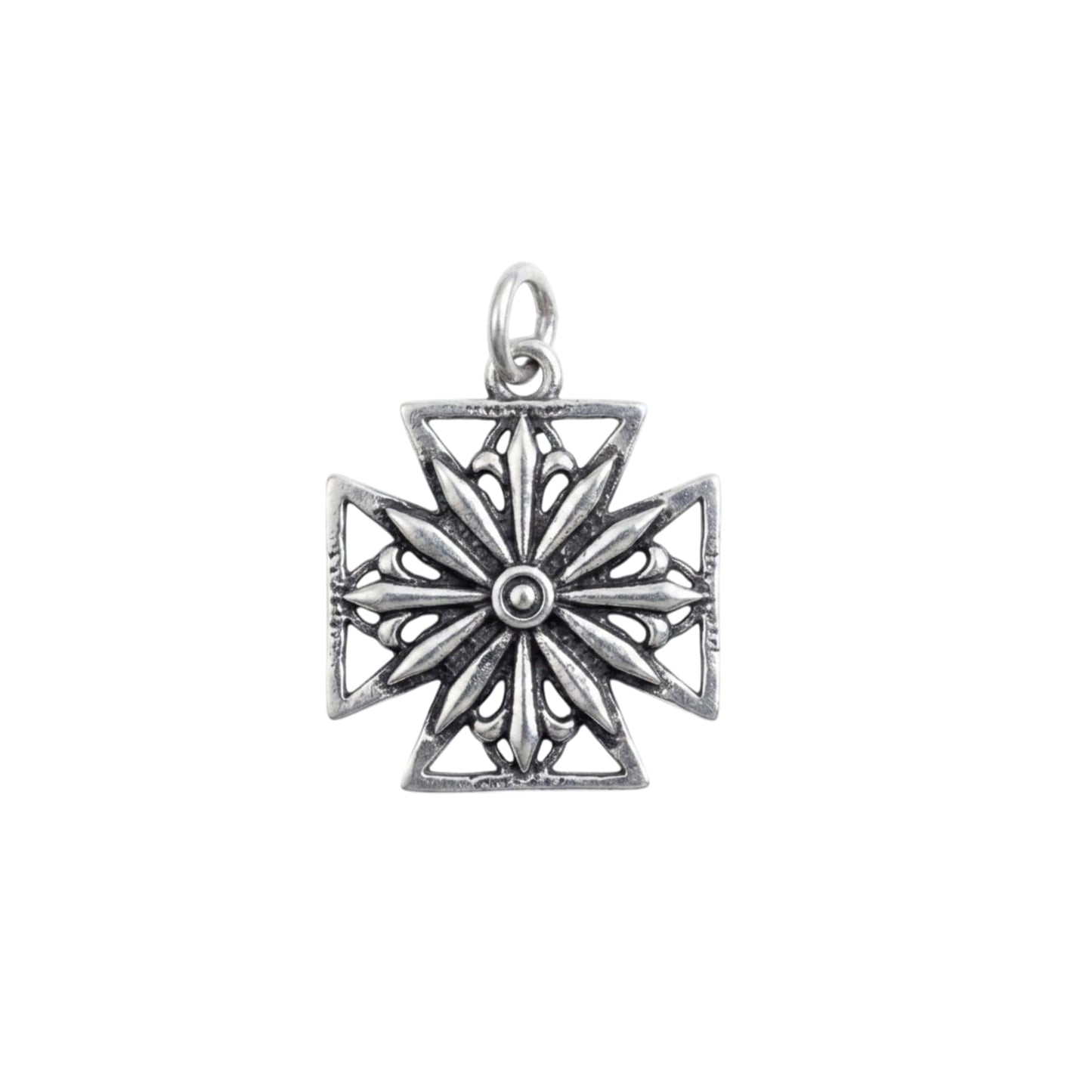Oxidised Maltese star pendant charm with Maltese cross cutouts and round center, silver